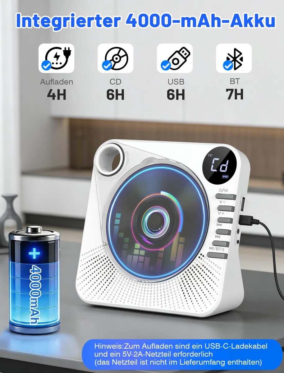 Tragbarer CD-Player 4000mAh Wiederaufladbar, Bluetooth 5.1 mit Stereo-Lautsprechern, Fernbedienung, Staubschutz-Schiebedeckel, Anti-Skip, AUX/USB, CD Spieler für Zuhause & Unterwegs - Weiß