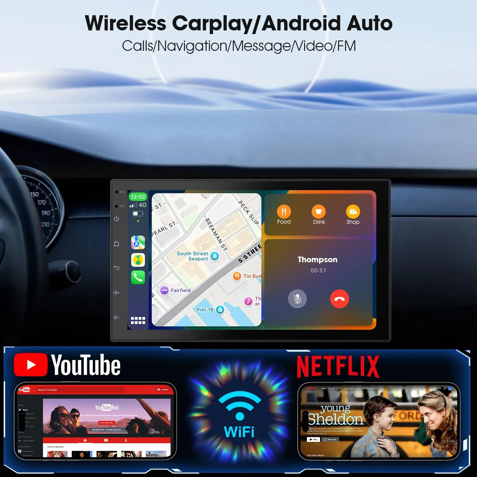 Haudio 7 Zoll 2 Din Radio Android mit Wireless CarPlay & Wireless Android Auto,Auto Radio Touch Display mit Rückfahrkamera,Bluetooth,AUX,AM/FM,Mirror Link,GPS-Navigation|Apple CarPlay Bildschirm