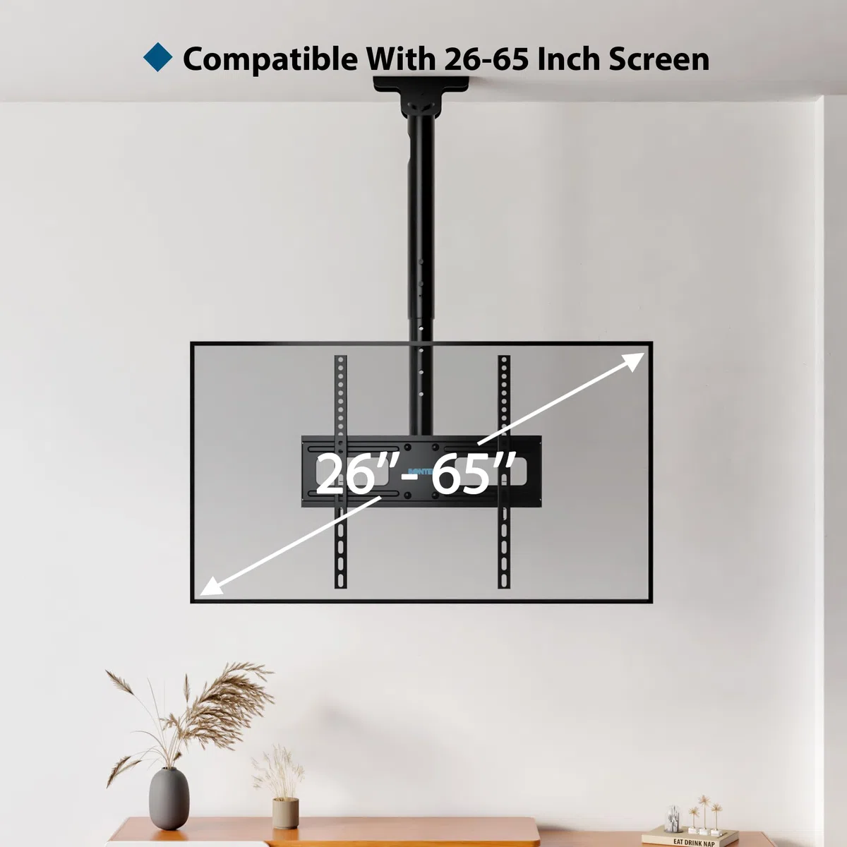 BONTEC TV-Deckenhalterung neigbar und schwenkbar mit 6-facher Höhenverstellung, Fernsehhalterung für 26-65 Zoll bis 45 kg, TV Halterung Decke VESA 100x100-400x400, geeignet für Dachschrägen und Wand