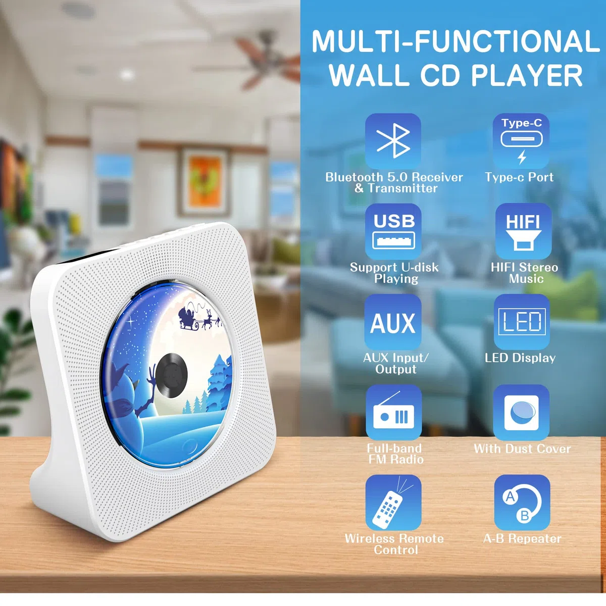 CD Player mit Lautsprecher CD-Player Bluetooth 5.0 mit Fernbedienung Staubschutzhülle Bildschirm FM-Radio Timer USB-Wiedergabe AUX-Wiedergabe Kopfhöreranschluss