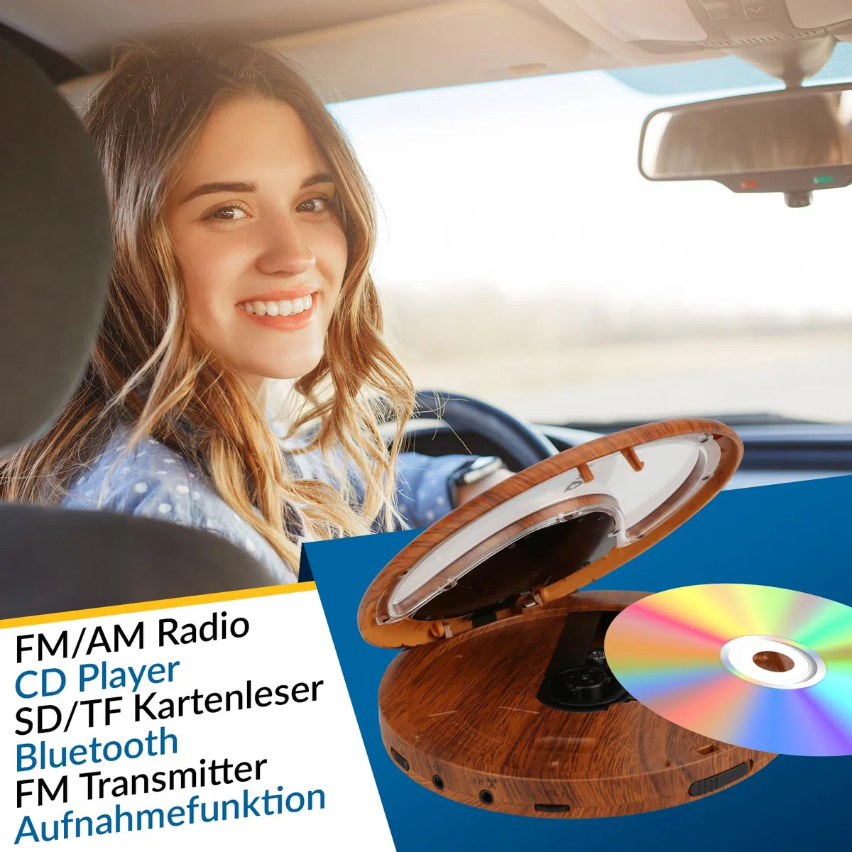KLIM Discover + Tragbarer CD-Player Walkman mit langlebigem Akku + Mit Kopfhörern + Radio FM + Kompatibler MP3-CD-Player + SD-Karte, FM-Transmitter, Bluetooth + Ideal für Autos + Portable CD Player