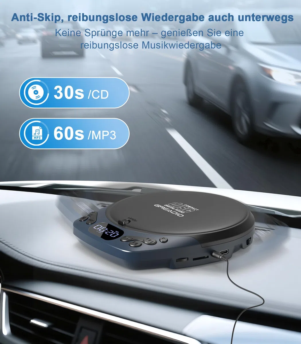 Greadio CD Player Tragbar mit Kopfhörer, Wiederaufladbarer Discman-CD-Player für Auto und Zuhause, Walkman CD-Spieler mit Anti-Skip-Funktion, Unterstützt CD/MP3/WMA/TF/AUX/Sperre