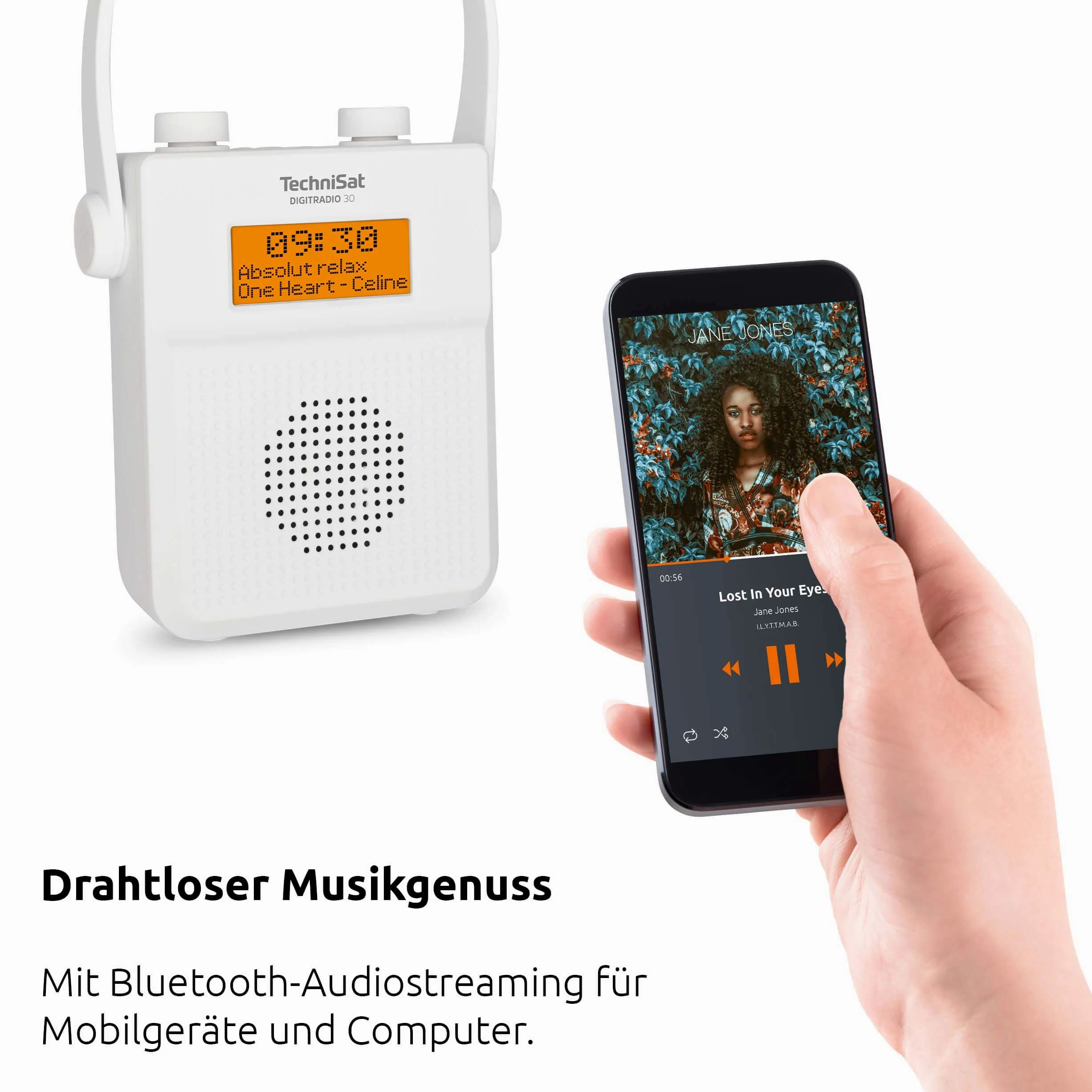 TechniSat DIGITRADIO 30 - wasserdichtes DAB+ Duschradio (UKW, DAB Digitalradio, integrierter Akku, Bluetooth, wasserdicht nach IPX5, Wecker, Favoritenspeicher, Kopfhörer-Anschluss) weiß
