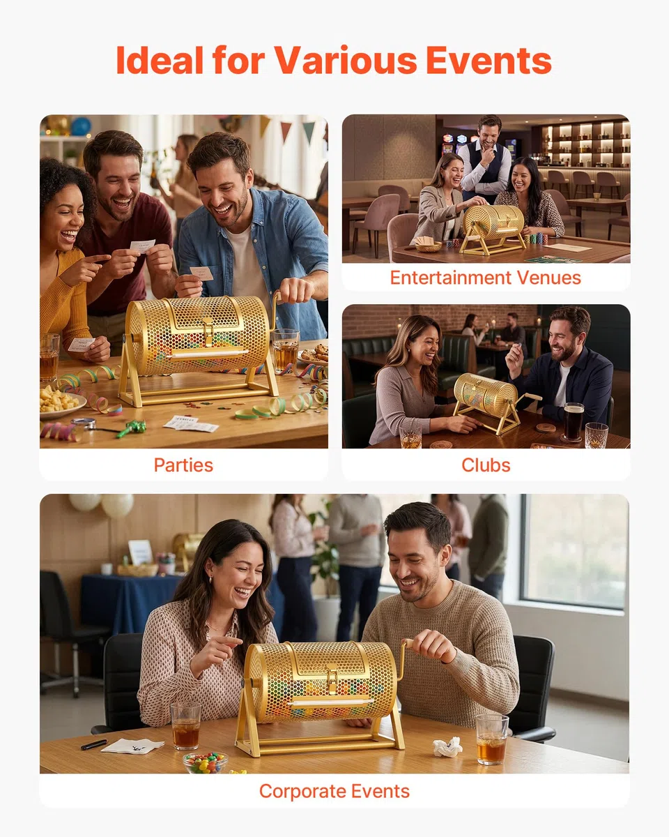 VEVOR Tombola Trommel, 295xØ167mm, Lostrommel mit Fassungsvermögen von 2500 Lose oder 100 Lotteriebälle, Gewinnspieltrommel mit Kurbel & Dreiecksständer, für Veranstaltungen & Feiern, Gold