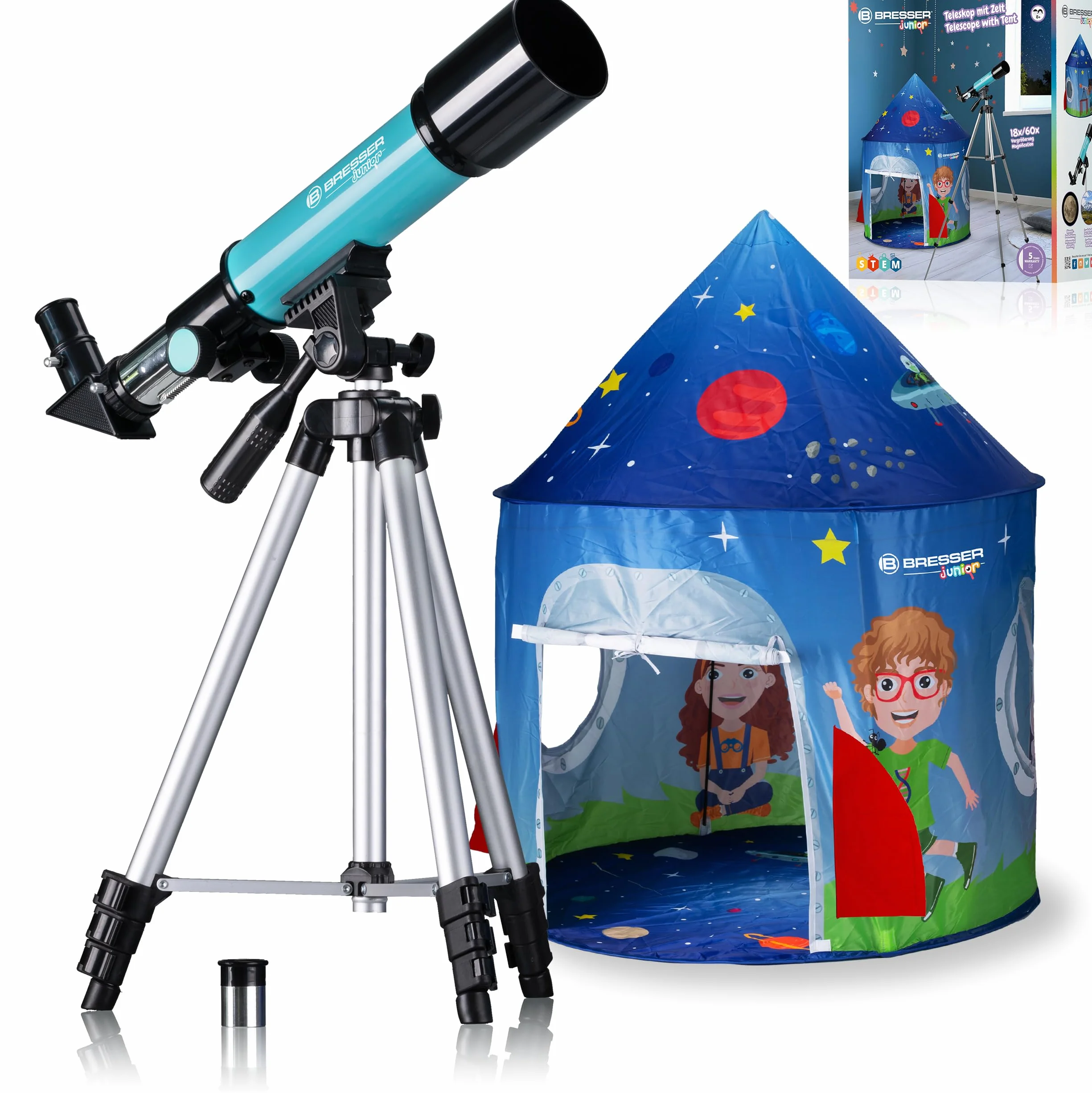 Bresser Junior Linsenteleskop 50/360 für Kinder - Astronomie Einsteigerset mit Zelt, Refraktor Teleskop, Stativ, Azimutale Montierung, Okulare und Zenitspiegel ,blau