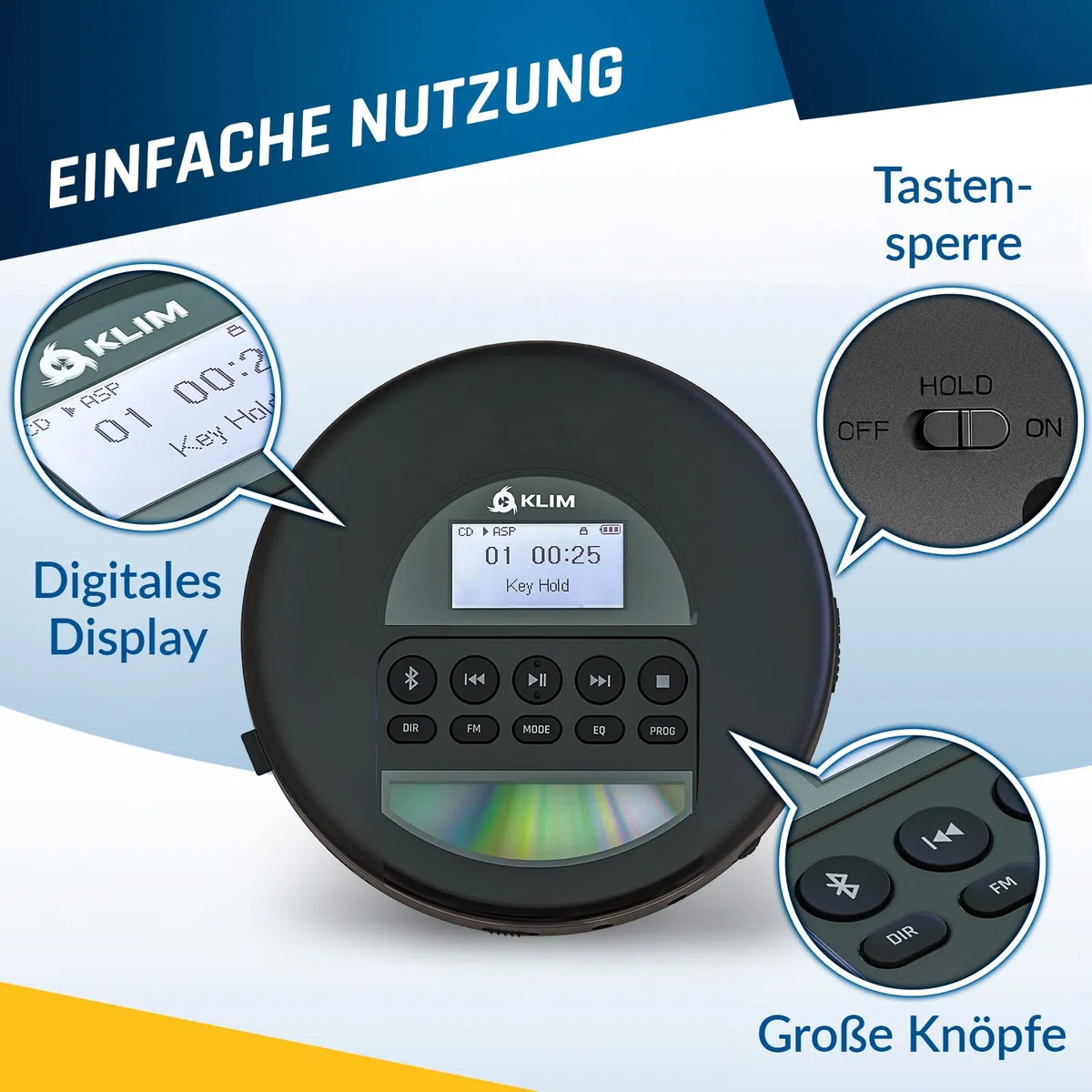 KLIM Nomad CD Player Bluetooth – Tragbarer Discman mit langlebigem Akku – Inklusive Kopfhörer – CD-R, CD-RW, MP3 – Mit TF-Reader, FM-Radio – Ideal für Autos – Tragbarer Musik-Player
