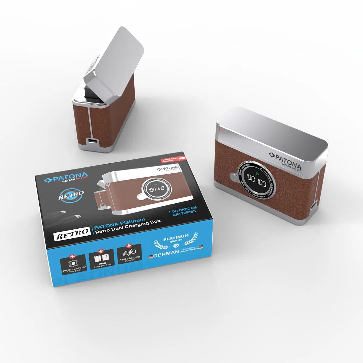 PATONA Platinum Retro Dual Ladebox USB-C für Canon LP-E6 LP-E6N LP-E6NH LP-E6P Akku – Schnellladegerät mit LED-Display, PD & QC, 8.4V, Lade- & Aufbewahrungsbox kompatibel mit EOS R R5 R6 R7
