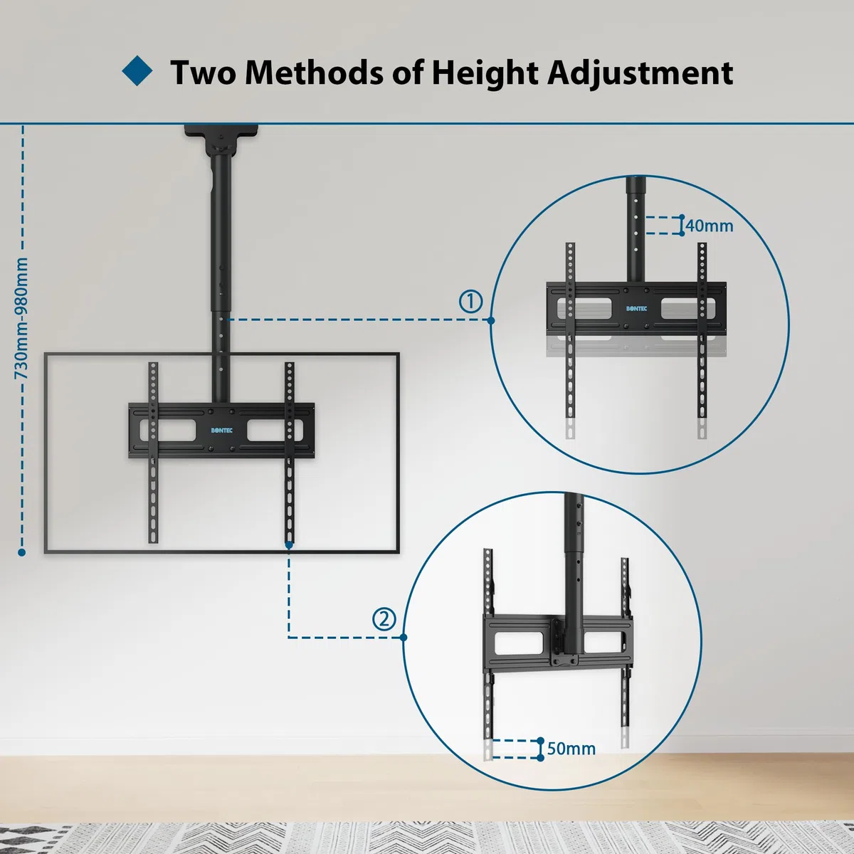 BONTEC TV-Deckenhalterung neigbar und schwenkbar mit 6-facher Höhenverstellung, Fernsehhalterung für 26-65 Zoll bis 45 kg, TV Halterung Decke VESA 100x100-400x400, geeignet für Dachschrägen und Wand