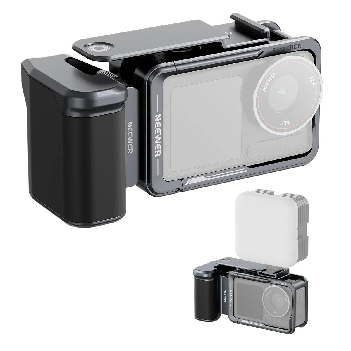 NEEWER Cage und Side Handle Set kompatibel mit DJI Osmo Action 5 Pro / 4/3, Schutzvorrichtung aus Metall mit magnetischer Adapterhalterung, Cold Shoe Shutter Extender Bar, dunkelgrau, AC014+AC034