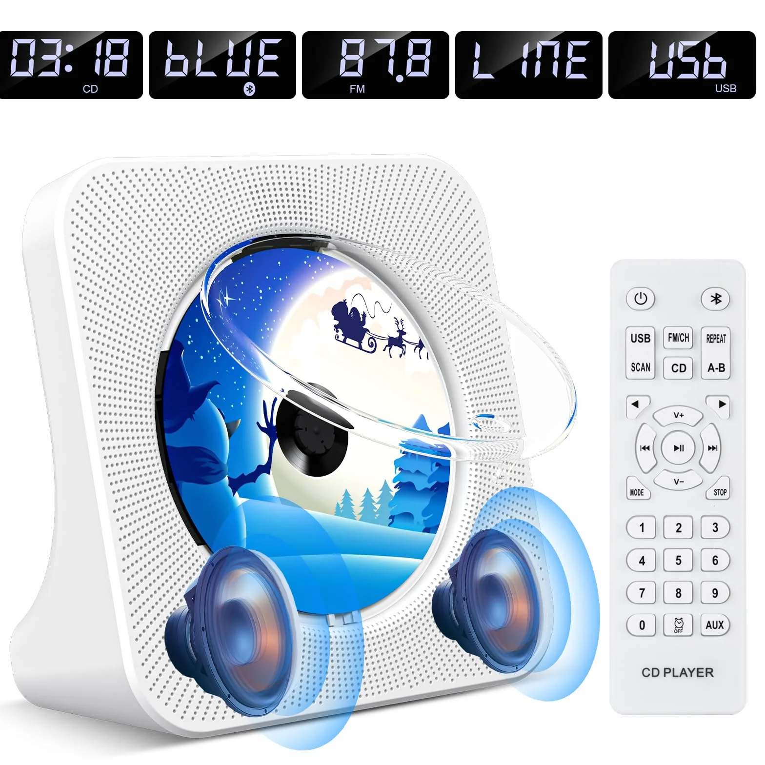 CD Player mit Lautsprecher CD-Player Bluetooth 5.0 mit Fernbedienung Staubschutzhülle Bildschirm FM-Radio Timer USB-Wiedergabe AUX-Wiedergabe Kopfhöreranschluss