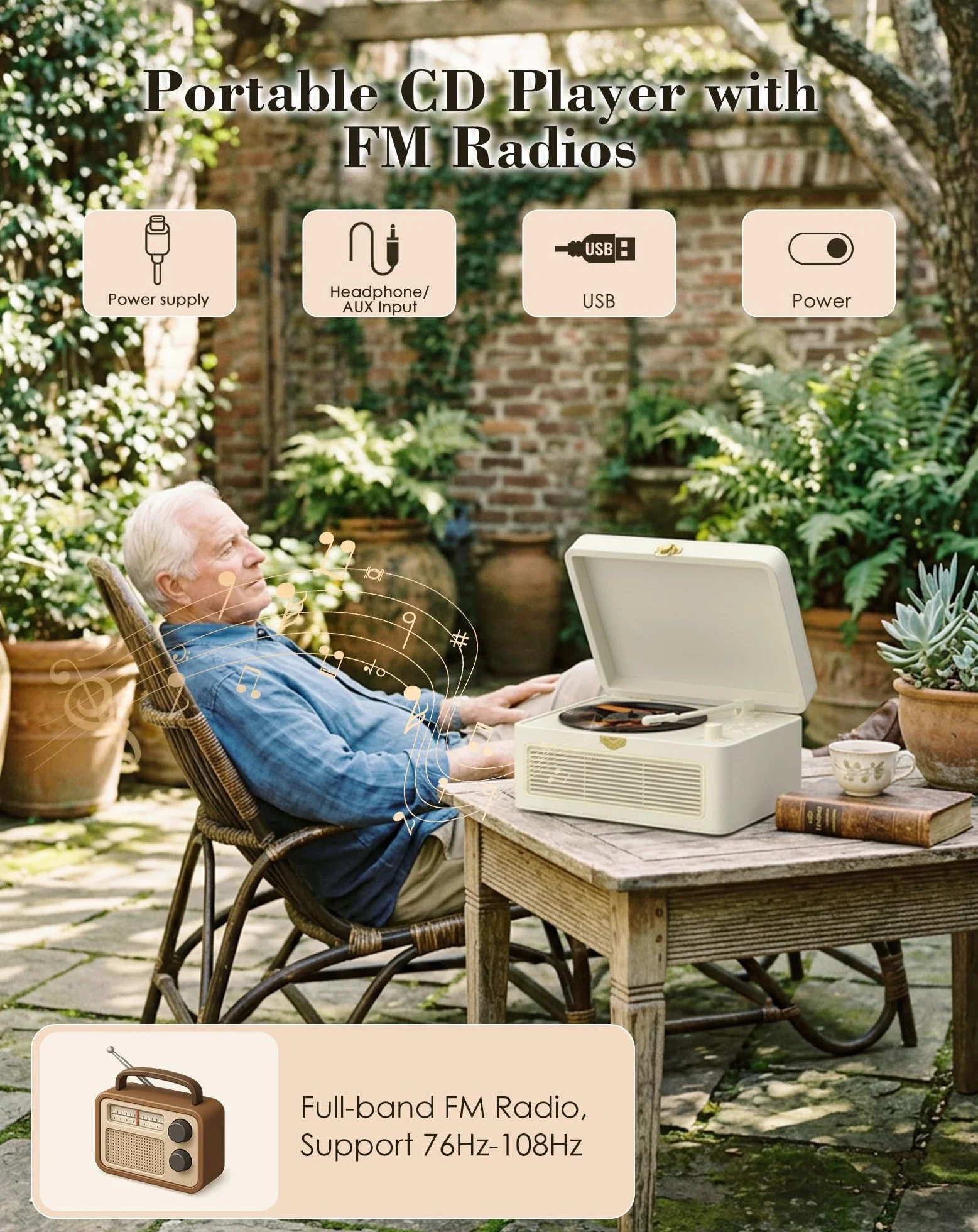 Tragbar CD Player Bluetooth Retro Radio mit CD-Player mit Lautsprecher Unterstützung USB & AUX-Wiedergabe mit Fernbedienung Staubschutzhülle Beigefarbenes PU-Leder Weiß