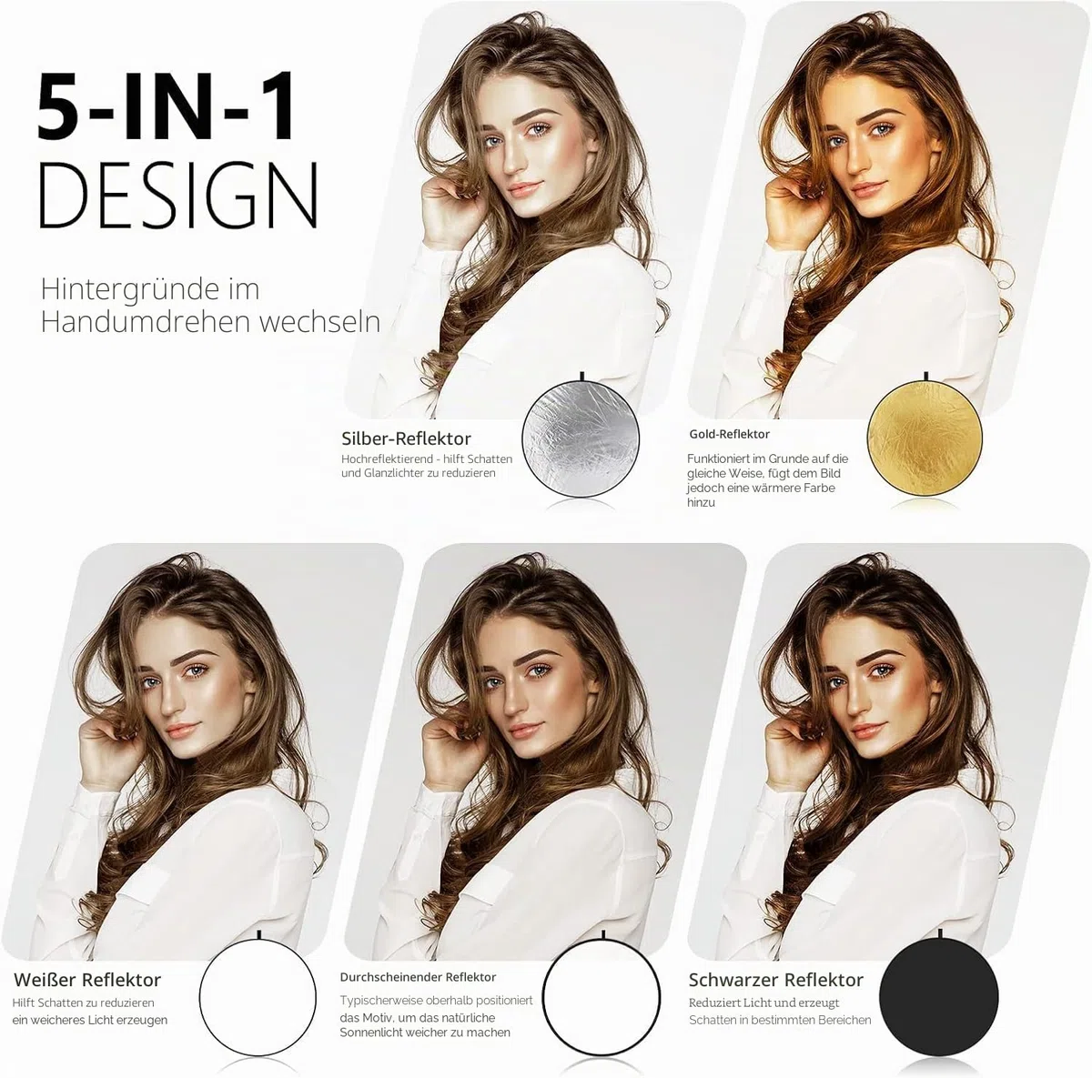 NEEWER 110cm Lichtreflektor Diffusor 5 in 1 Faltbare Multi Disc mit Tasche - Durchscheinend, Silber, Gold, Weiß und Schwarz, Fotoreflektor für Studio Fotografie Beleuchtung im Freien, RF-110