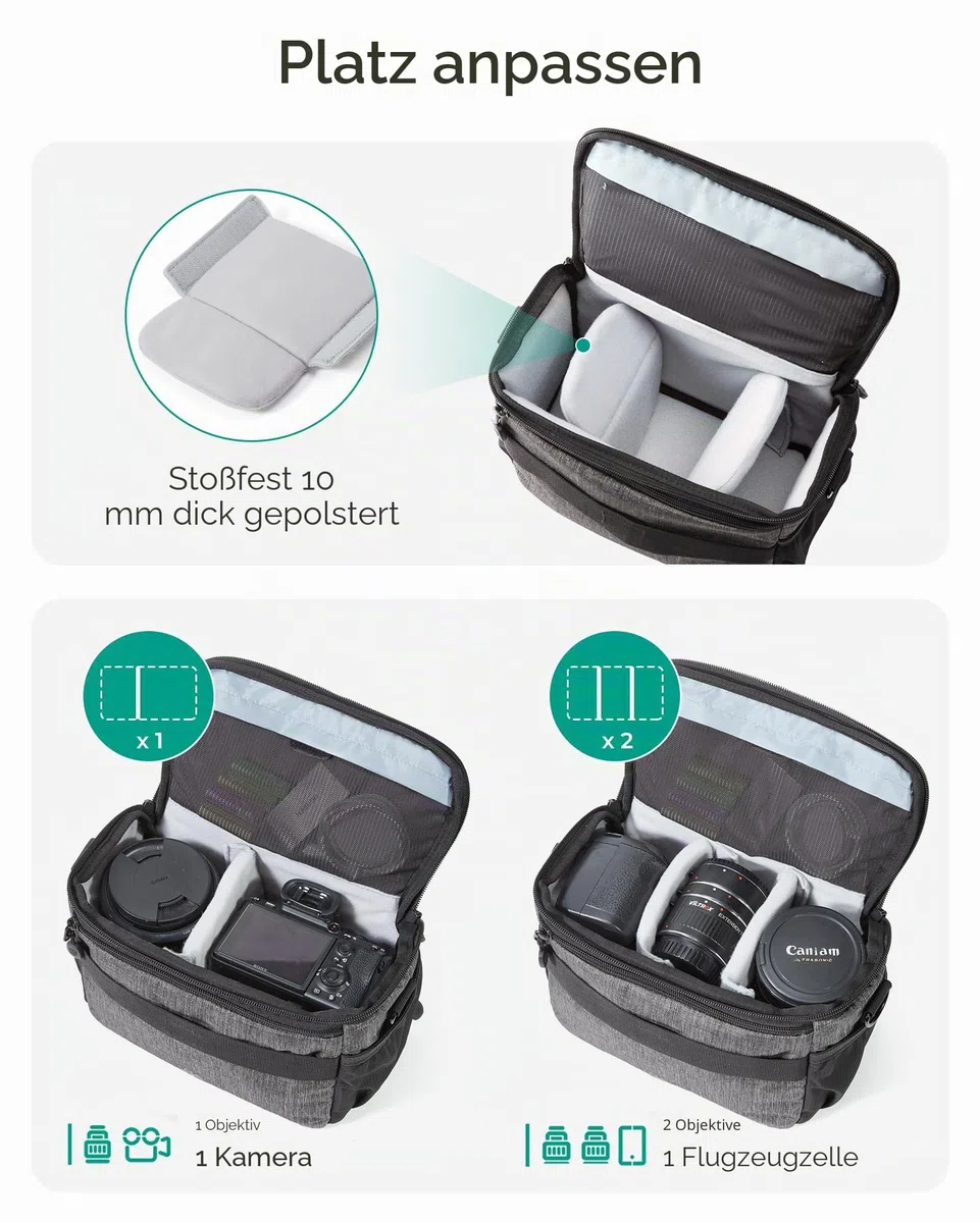 bagsmart Kameratasche Spiegelreflex DSLR SLR Fototasche Spiegelreflexkamera Systemkamera Objektive Zubehör mit Regenschutzhülle Schultertasche Grau