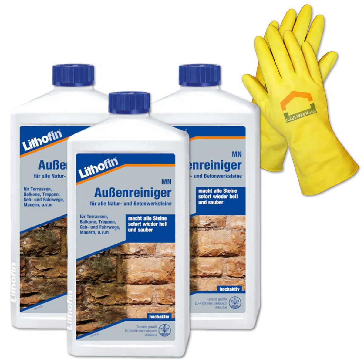 SET 3 x 1 Liter Lithofin MN Außenreiniger und 1 Paar HW Haushaltshandschuhe