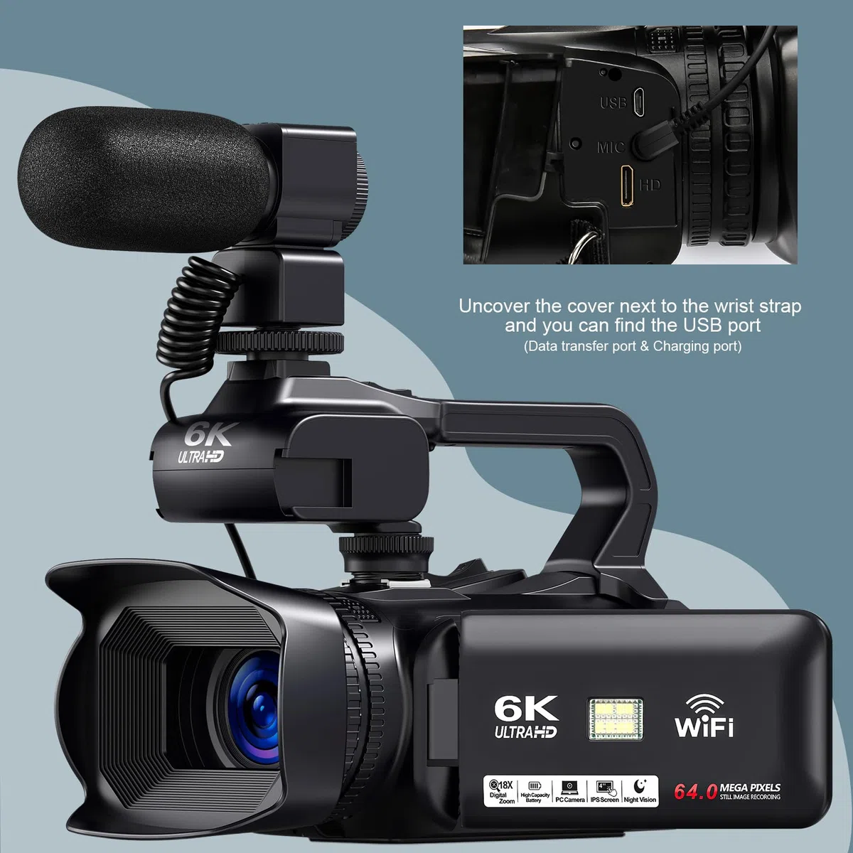 Videokamera 6K 64MP Camcorder 18X Digital Zoom Vlogging Camera for YouTube, 4.0" Touch Screen HD WiFi Videokamera mit 4500mAh Battery, 64G SD-Karte, Stabilizer, Microphone and Remote