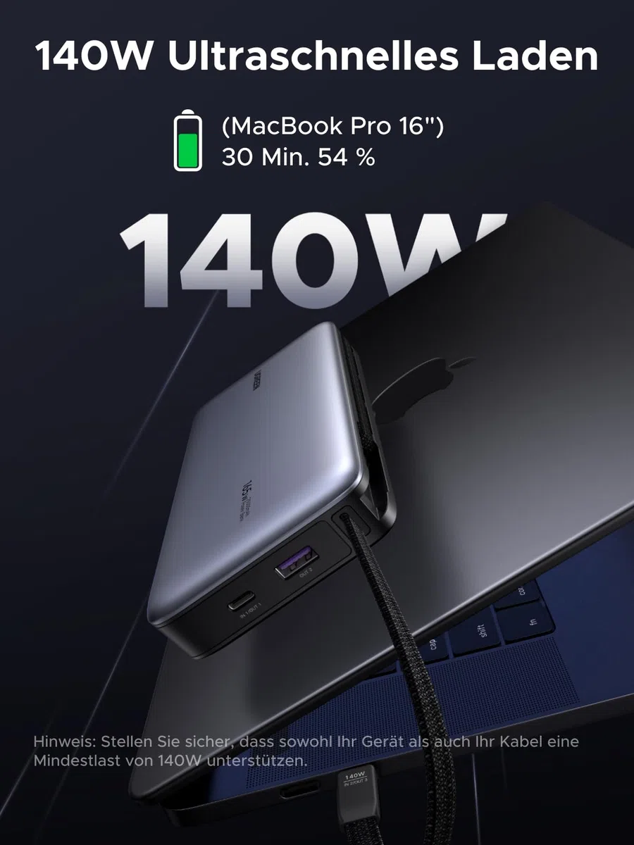 UGREEN Nexode Power Bank, 25000mAh 165W Schnellladen mit 2 Integrierten USB-C Kabeln (140W PD3.1), Kompatibel mit MacBook Pro 16",Dell XPS, iPad Pro, Steam Deck, Galaxy S25 Ultra, iPhone 17