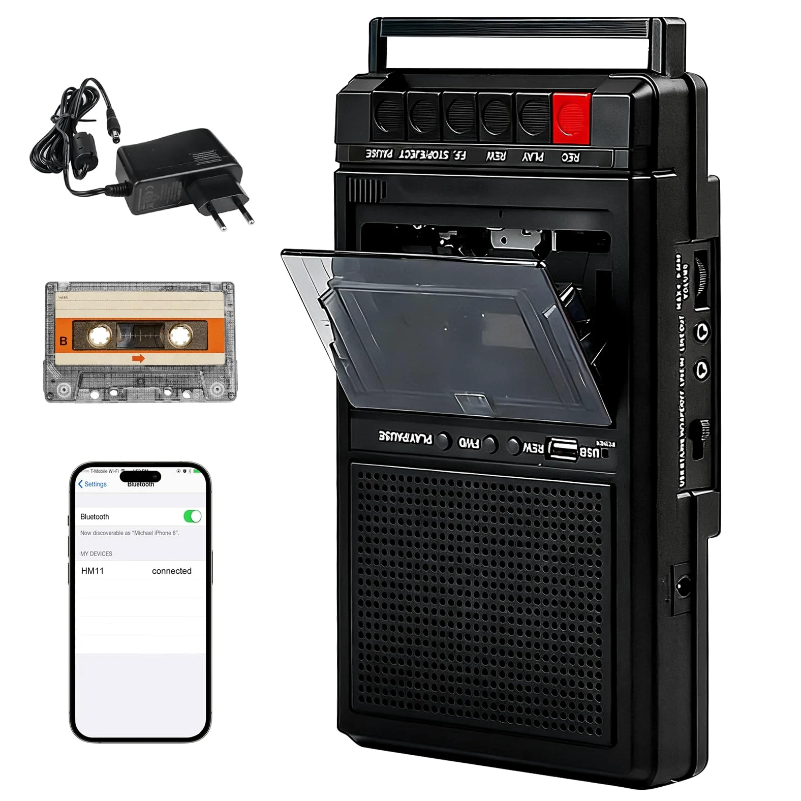 Tragbarer Kassettenrekorder Retro, Kassettenspieler Bluetooth mit Aufnahmefunktion, Kassetten Digitalisieren über USB & Audio, Mobiler Kassettenspieler mit Dual-Stromversorgung