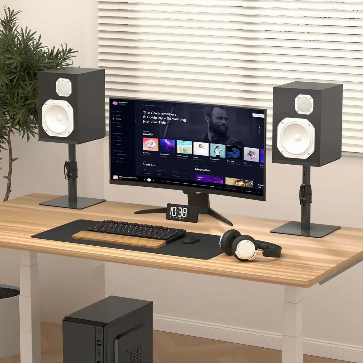 suptek Freistehender Lautsprecherständer Desktop-Set, Höhenverstellung und Neigung, Universal-Audio-Halterungen für Computer- und Bücherregal-Lautsprecher, erhöhter Sound, 2er-Pack, Schwarz, SDM001T