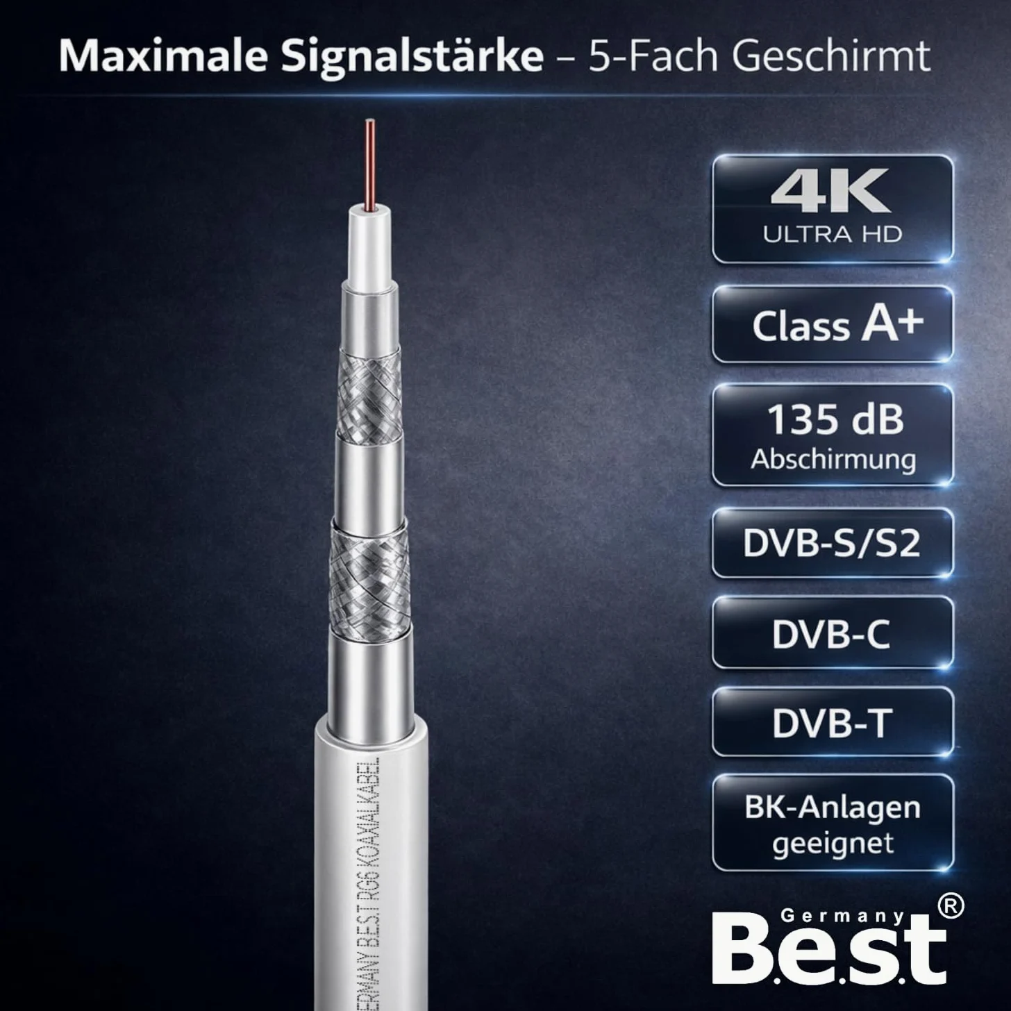 Germany B.e.s.t Koaxialkabel 100 M SAT-Kabel | 4K Ultra HD | Class A+ | DVB-S/S2 DVB-C DVB-T BK Anlagen | 5Fach Geschirmt | 135dB