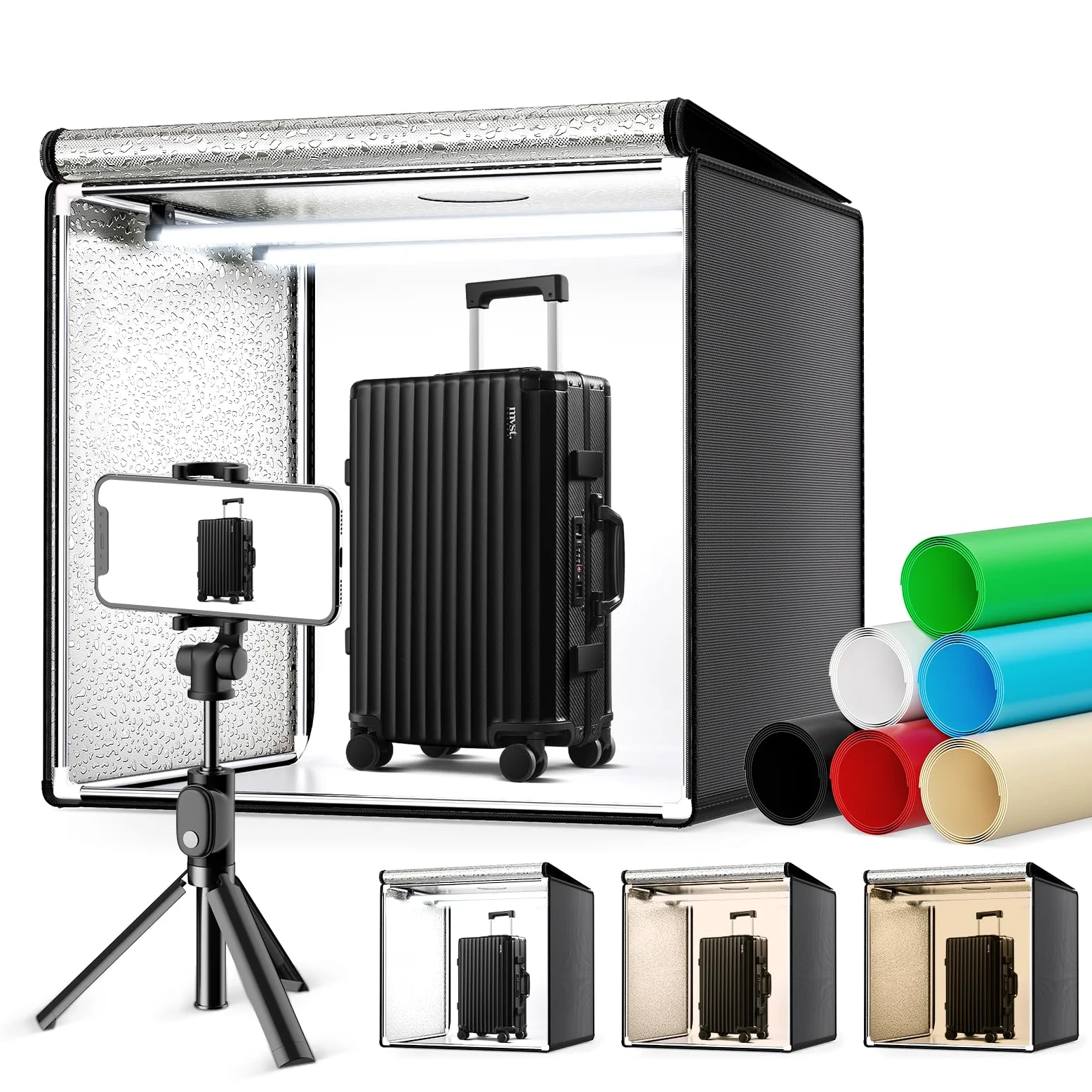 Foto-Softbox, 60 x 60 x 60 cm, Fotostudio und Beleuchtung mit 2 abnehmbaren und dimmbaren LED-Streifen, 6 Hintergrundfarben für alle Arten von Produktfotografie