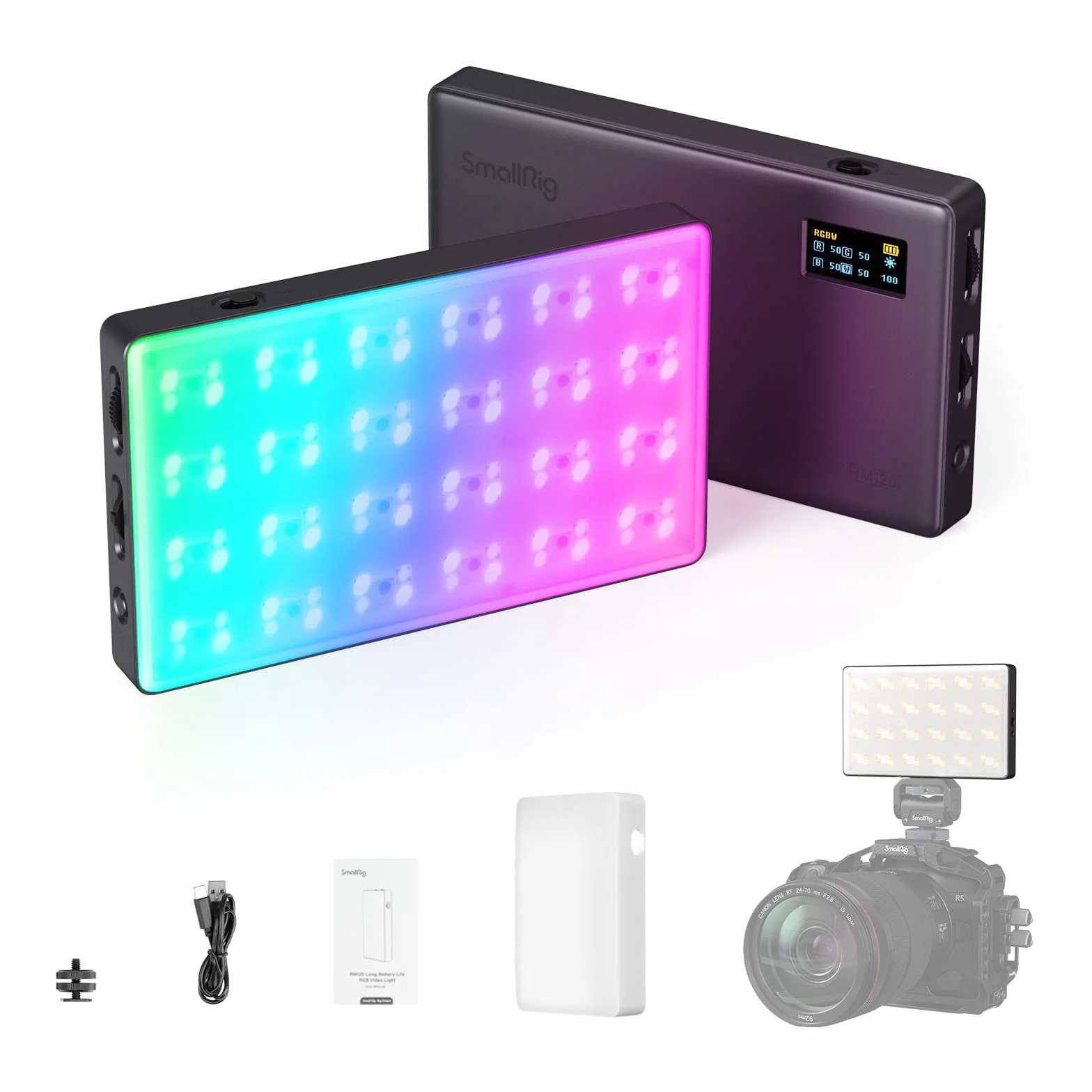 SMALLRIG Led Videoleuchte RGB, 5000mAh Fotolicht mit OLED-Bildschirm, Cold Shoe Mount und Diffusor, 1500Lux@0.3m 2500K-8500K Ganzmetallkamera-Dauerlicht mit 12 Lichteffekte, RM120-3808