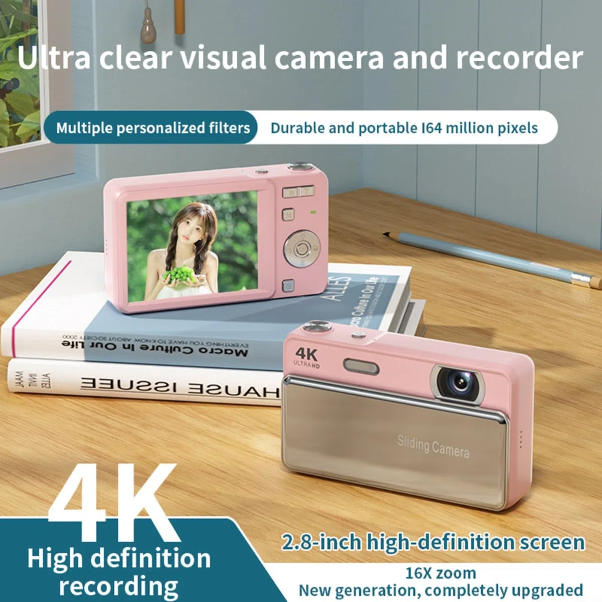 64 MP Kompakte Schiebe-Digitalkamera mit 16-fachem Digitalzoom, integriertem Blitz, fortschrittlichem Autofokus und 71,1 cm HD-Bildschirm für Schüler (Rosa)
