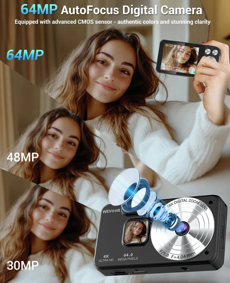 Digitalkamera 4K 64MP, Wevoor Digital Fotokamera 32GB mit Autofokus, 18x Digitalzoom Kamera, 2,8" Bildschirm, 2000mAh Kompaktkamera, Fotoapparat Digitalkamera für Anfänger Kinder Teenager - Schwarz