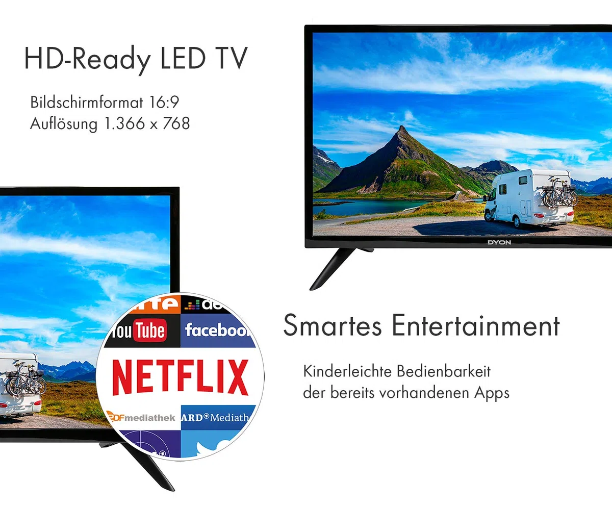 SCHWAIGER TVSET3 SAT Camping Set inkl. TV 24 Zoll HD+ Satellitenschüssel Single LNB Koaxialkabel 10m Dreibeinstativ SAT-Finder Stahl-Antenne 42x42cm