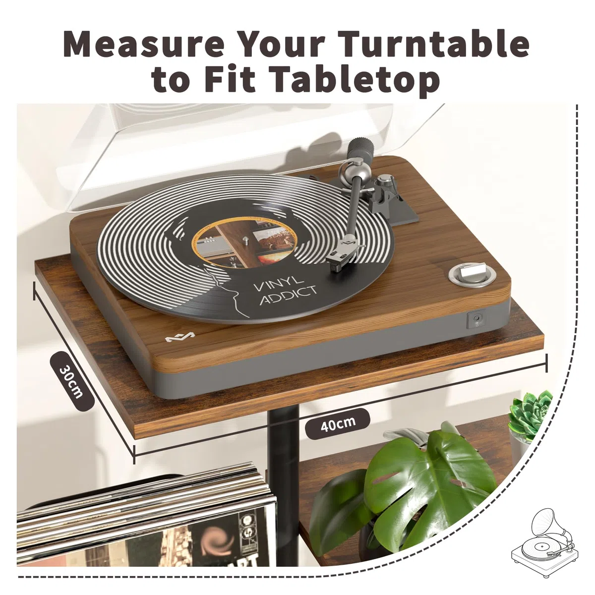 Bikoney Plattenspieler-Ständer mit Vinyl-Aufbewahrung, Holz-Tisch für Plattenspieler mit LP-Regal, Schallplatten-Organizer und Display für Kleine Räume, Wohnungen, Schlafzimmer und Wohnzimmer