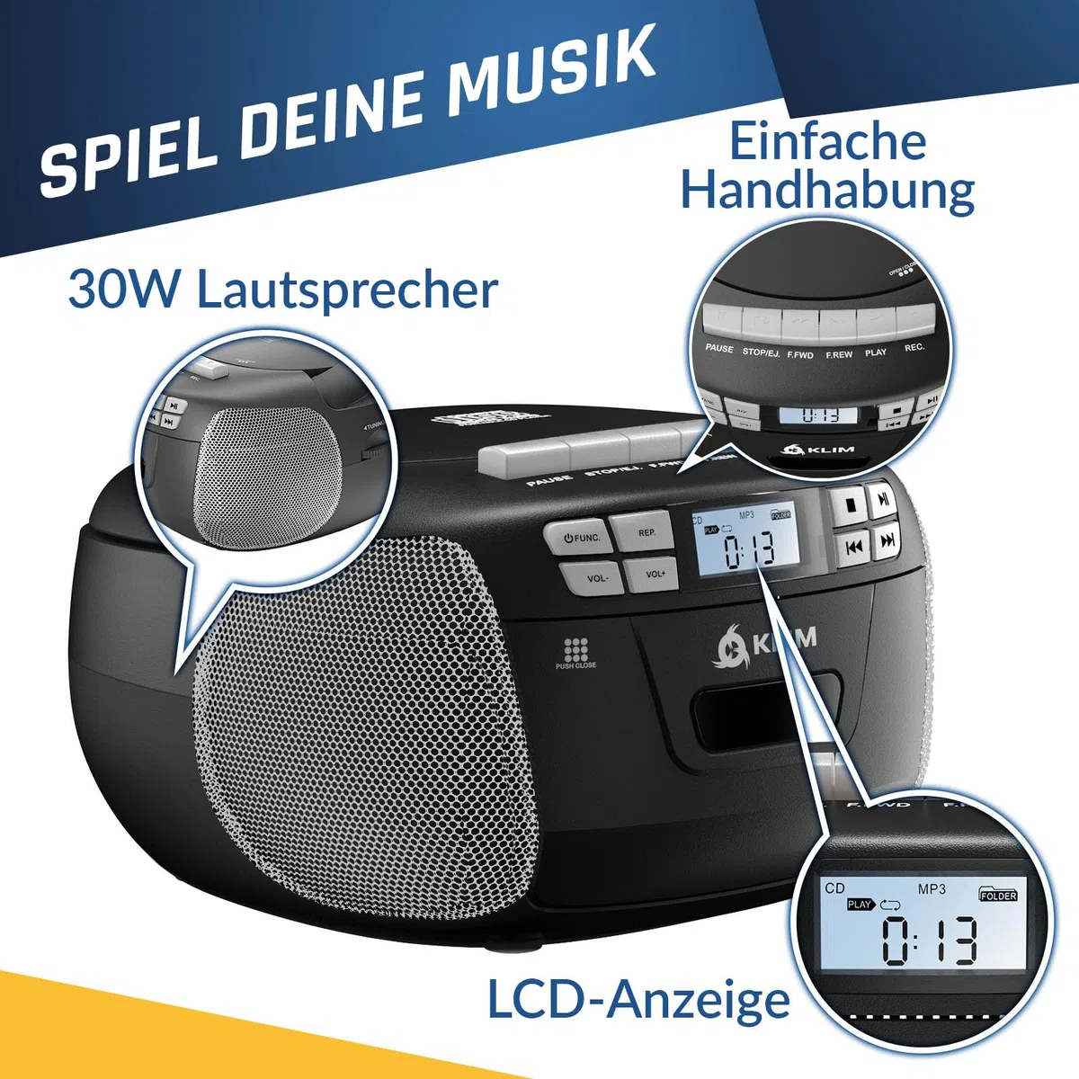 KLIM CD Player mit Kassette, Kassettenspieler, Kassettenrekorder, AM/FM Radio & USB, Bluetooth CD-Player, Netz- und Batteriebetrieb - Silber