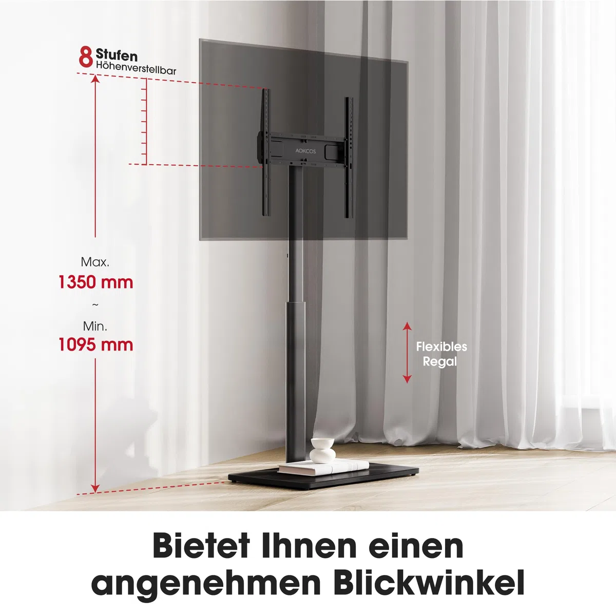 AOKCOS TV Ständer Bodenständer Höhe 1350mm für 32-55 65 70 Zoll Fernseher, Neigbar & Schwenkbar & Höhenverstellbar Fernsehständer, Universal TV Standfüße Standfuss Max VESA 400x400mm 40KG (Schwarz)