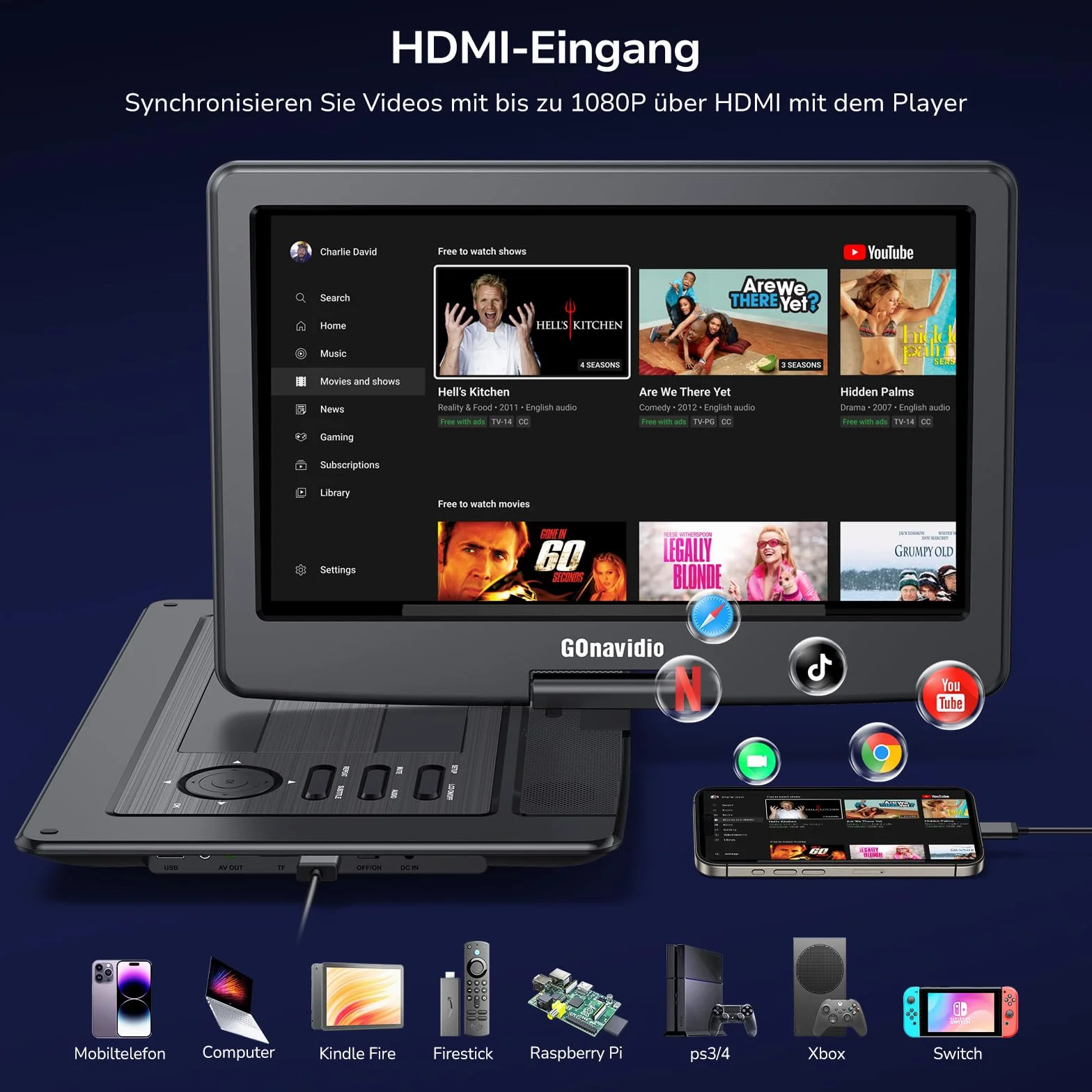 GOnavidio 17,9'' Tragbarer DVD Player mit 15,6 Zoll Bildschirm, 6 Stunden wiederaufladbarer Akku, Kinder TV unterstützt HDMI-Eingang, letzter Speicher, Regionsfrei, USB/TF-Karte