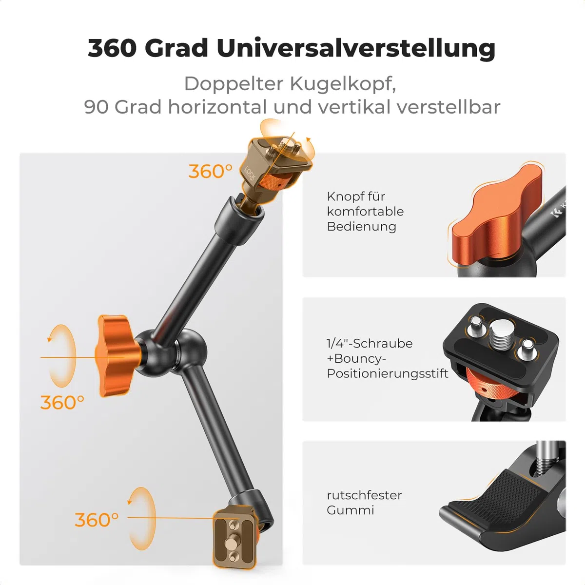 K&F CONCEPT 11 Zoll Magic Arm mit Super Clamp, Kamera Halterung für Käfig Monitor LED Licht Action-Kamera, 2 KG Belastung