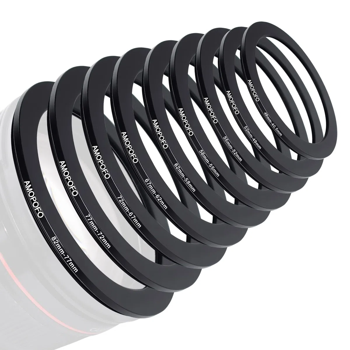 9 Stück 82-77mm/77-72mm/72-67mm/67-62mm/62-58mm/58-55mm/55-52mm/52-49mm/49-40.5mm Filterring Adapter-Set,Objektivfilter Step Down Ring kompatibel Alle Marken UV ND CPL