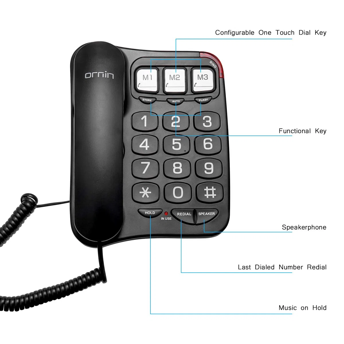 Ornin S016 Big Button Schnurgebundenes Telefon mit Lautsprecher, Hörgerät kompatibel für Senioren (Schwarz)