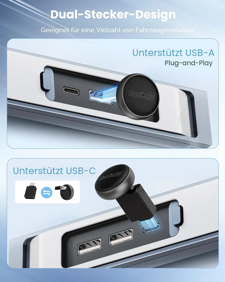 CarlinKit MINI Ultra3 – der neueste kabellose CarPlay- und Android Auto-Adapter, der kabelgebundene Verbindungen in kabellose umwandelt und so für ultraschnelle Konnektivität sorgt. Plug-and-Play-fähi