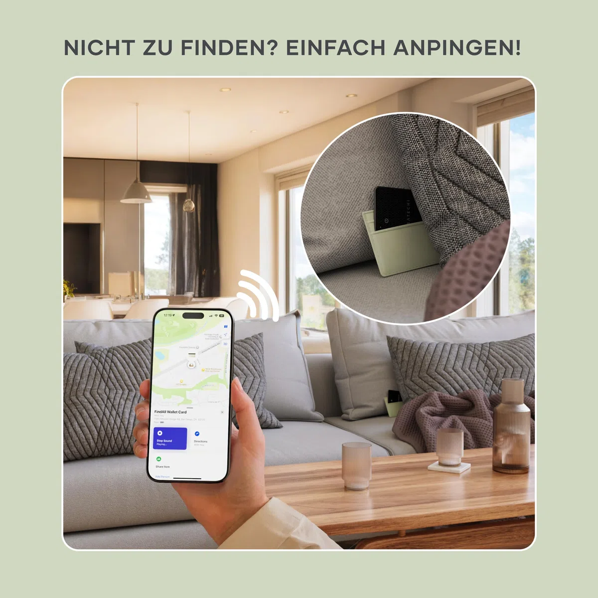 SATECHI FindAll Wallet-Kartenetui mit Find My, Tracker, Ortung, Standortverfolgung – für Geldbörsen mit Trennungsalarm, Tonsignal und kabelloser Aufladung, komp. mit iPhone, iPad & Mac – Schwarz