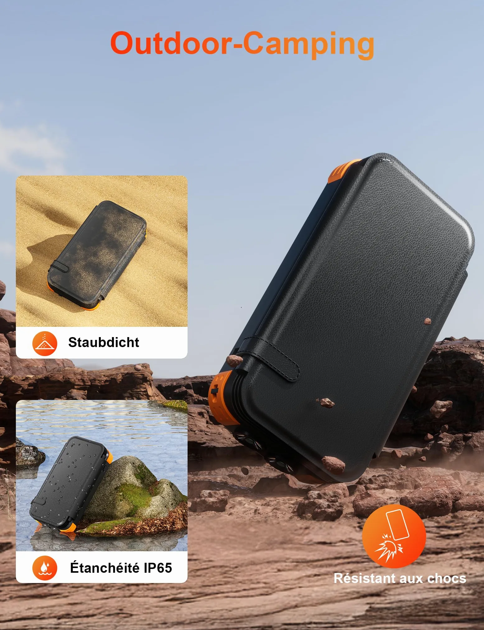 Solar Powerbank 20000mAh, Tragbare Ladegerät mit 4 Faltbar Externes Solarpanel ladegeräte 4 Integrierten Kabeln, Solar Power Bank Externer Akku mit 2 LED Taschenlampe für Smartphones, Tablets (Orange)