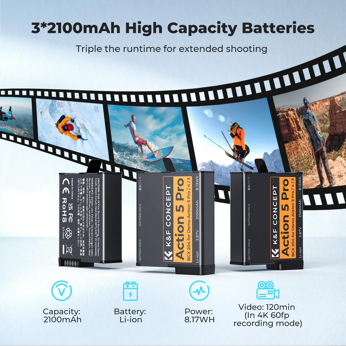 K&F CONCEPT Osmo Action 5 Pro Akku-Pack (3er-Pack) mit 3-Fach-Ladegerät, 2100-mAh-Akku,OSMO Action 5 Pro Akku-Ladegerät kompatibel mit DJI Osmo 360/Action 6Action 5 Pro/Action 4/Action 3 Kamera