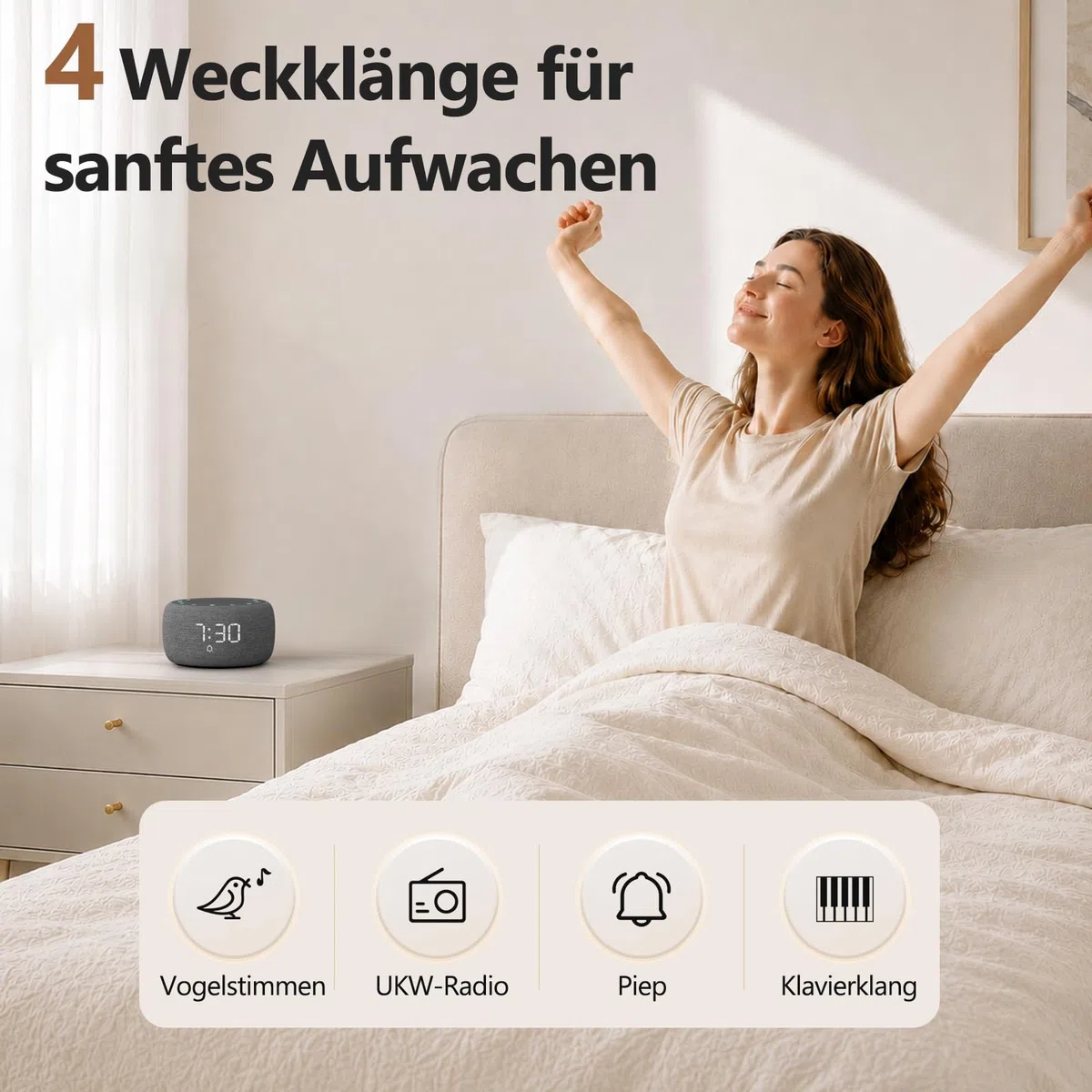 Buffbee Digitaler Radiowecker für das Schlafzimmer - 7-farbiges Nachtlicht, High-Fidelity-Klangqualität mit nach oben gerichtetem Lautsprecher, 4 Wecktöne, Full Range Display Dimmer für den Nachttisch