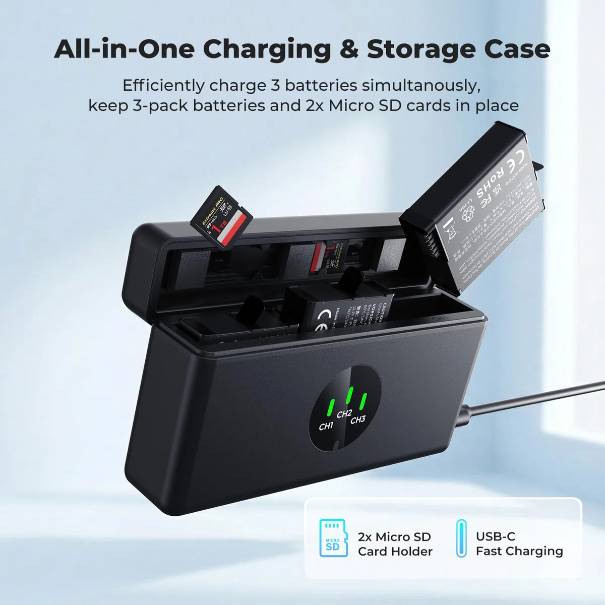 K&F CONCEPT Osmo Action 5 Pro Akku-Pack (3er-Pack) mit 3-Fach-Ladegerät, 2100-mAh-Akku,OSMO Action 5 Pro Akku-Ladegerät kompatibel mit DJI Osmo 360/Action 6Action 5 Pro/Action 4/Action 3 Kamera