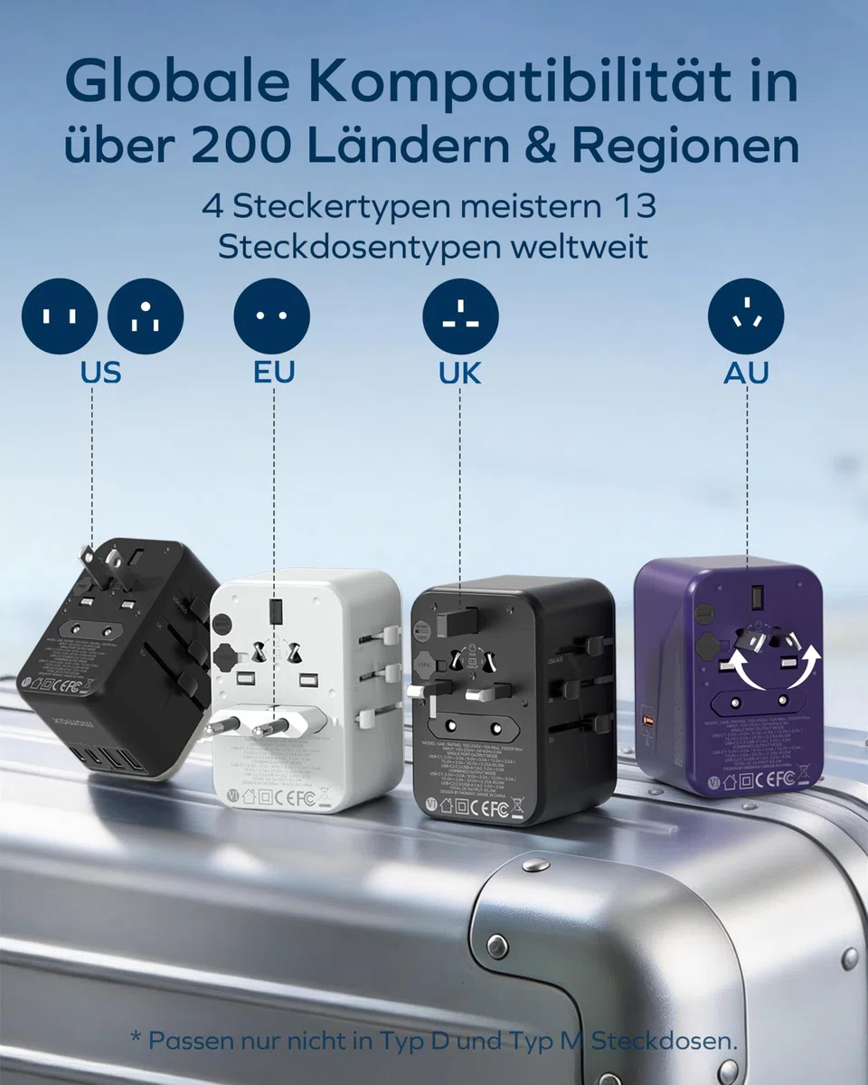 MOMAX Travel Adapter Worldwide, 70W GaN Reiseadapter Weltweit mit 3 USB C and 2 USB A,6-in-1 Worldwide Travel Adapter für EU UK USA Japan (TYP A/G/C/I)