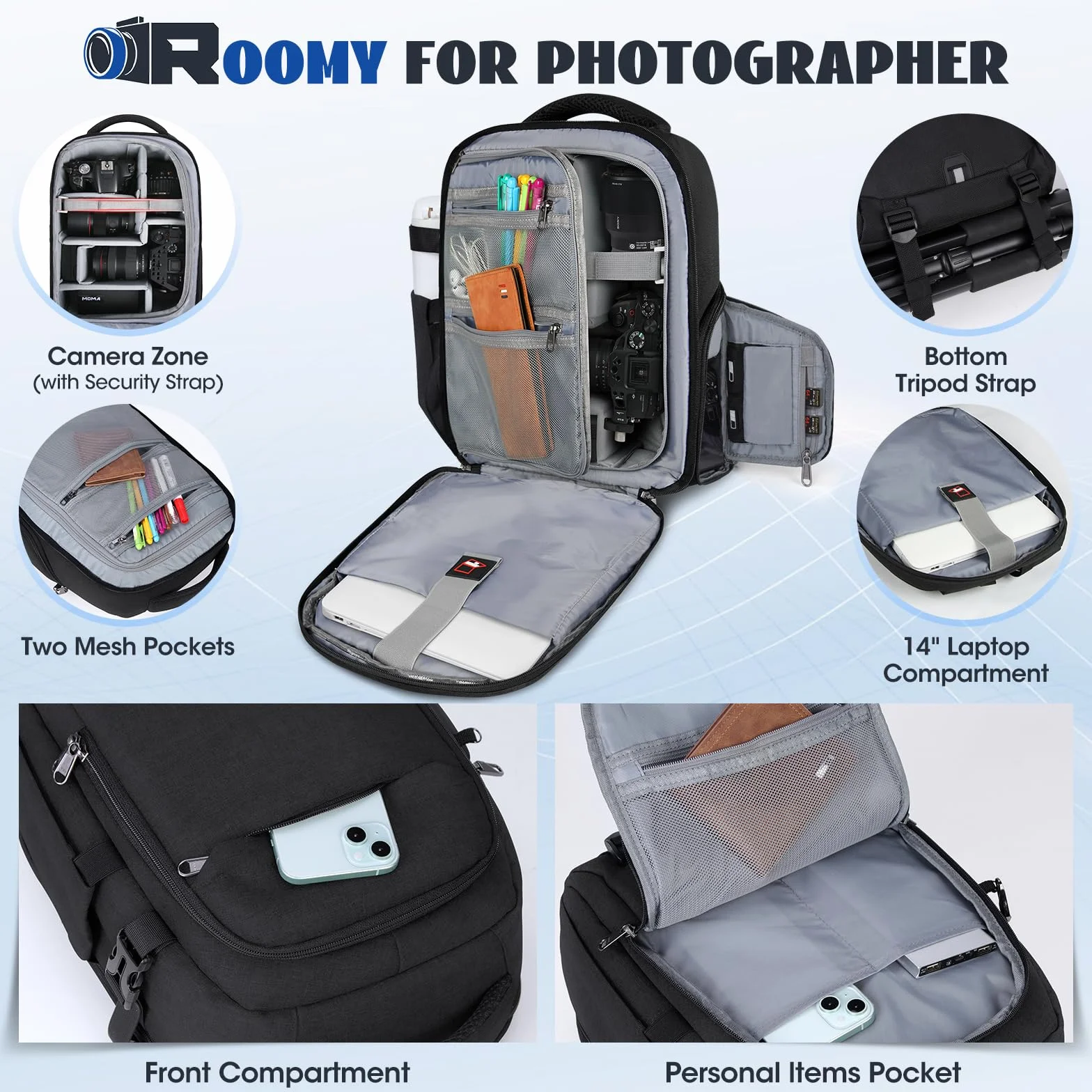 RAINSMORE Fotorucksack Kamerarucksack Groß mit 14 Zoll Laptopfach Leicht Kamera Rucksack DSLR SLR Kameratasche Regenschutz für Canon Nikon Sony Schwarz