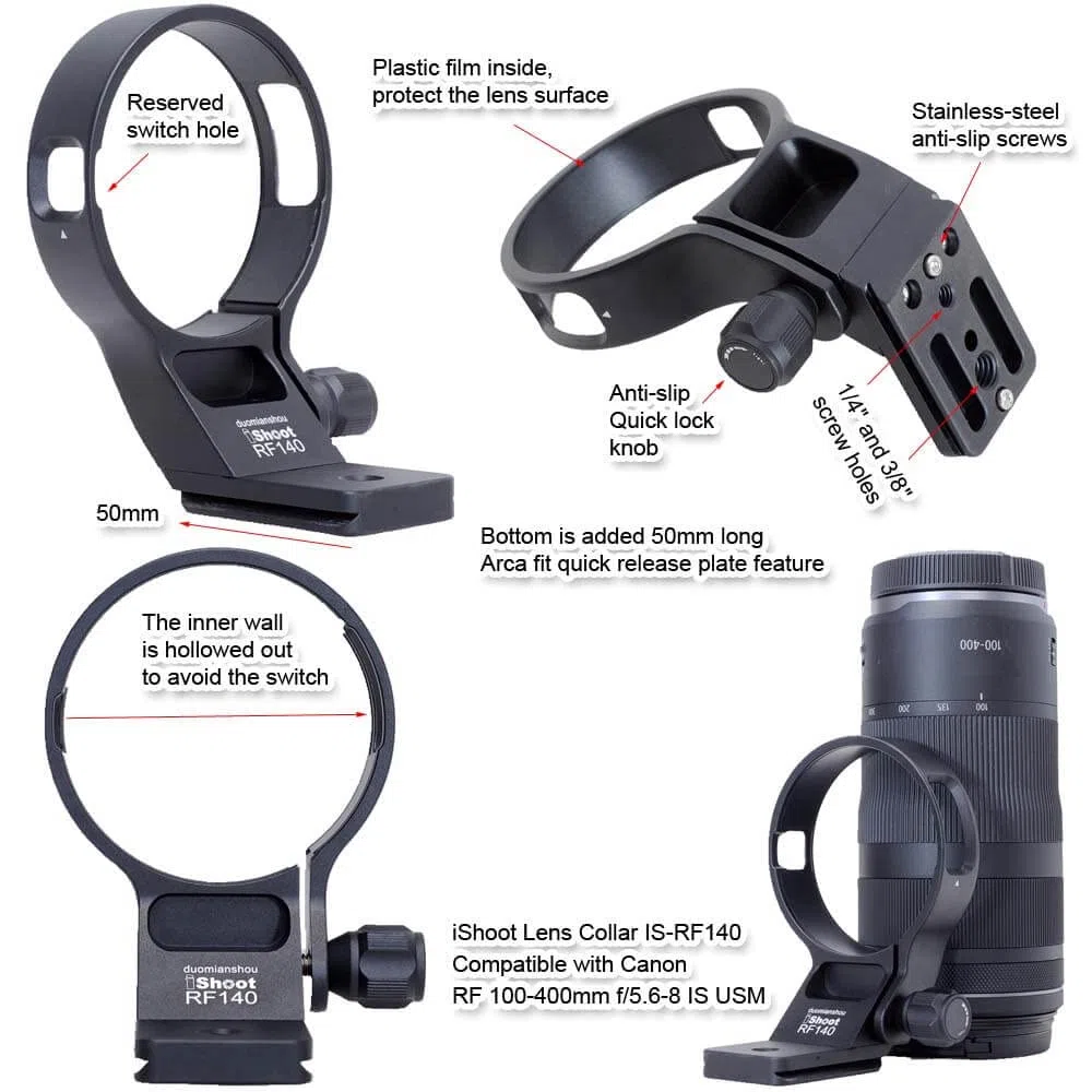 iShoot Stativhalterung, Ringlinsenhalsband, kompatibel mit Canon RF 100–400 mm f/5.6–8 is USM, Objektivhalterung, Unterseite ist Arca-Swiss Fit Schnellwechselplatte Schwalbenschwanznut