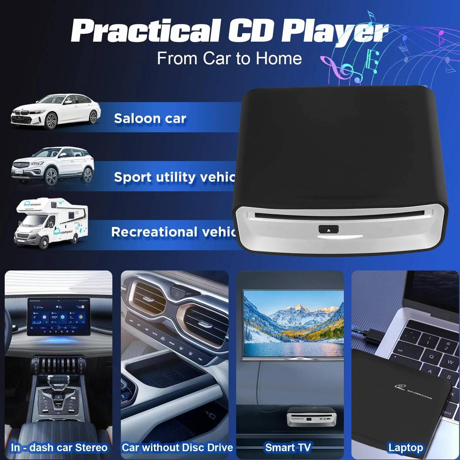 USB Externer DVD CD Player für Auto - Plug & Play CD-Laufwerk mit USB Anschluss, Tragbares Optisches Laufwerk für Auto Radio, Multimedia-Player