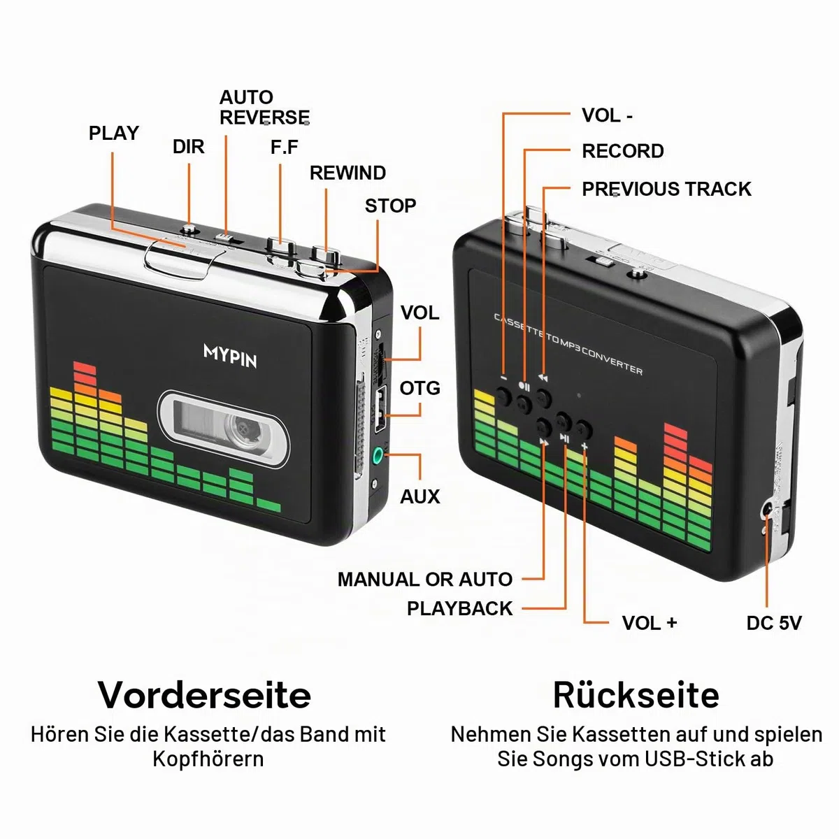 MYPIN Kassettenspieler, Tragbarer Kassettenkonverter USB Audio Kassette zu MP3 Player Konverter Kassette Auto-Rücklauf-Audio Notebook Retro Band Player mit Kopfhörer, braucht Keine Computer