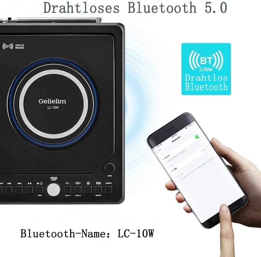G Keni Radio mit CD Player (UKW Radio) | Radio mit Bluetooth - 10 Watt kabellose Ladegerät, Wecker Digital mit LED Display, 3.5mm AUX, Kopfhöreranschluss, USB Input (schwarz)
