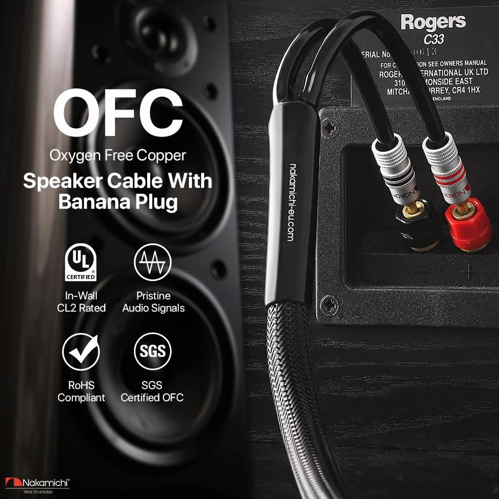 Nakamichi 24K vergoldeter Bananenstecker mit Lautsprecherkabel, 99,9% sauerstofffreies Kupfer (OFC), robustes geflochtenes Kabel, CL2-zertifiziert - Schwarz (12AWG / 10 Fuß / 3,0 Meter) 2er-Pack