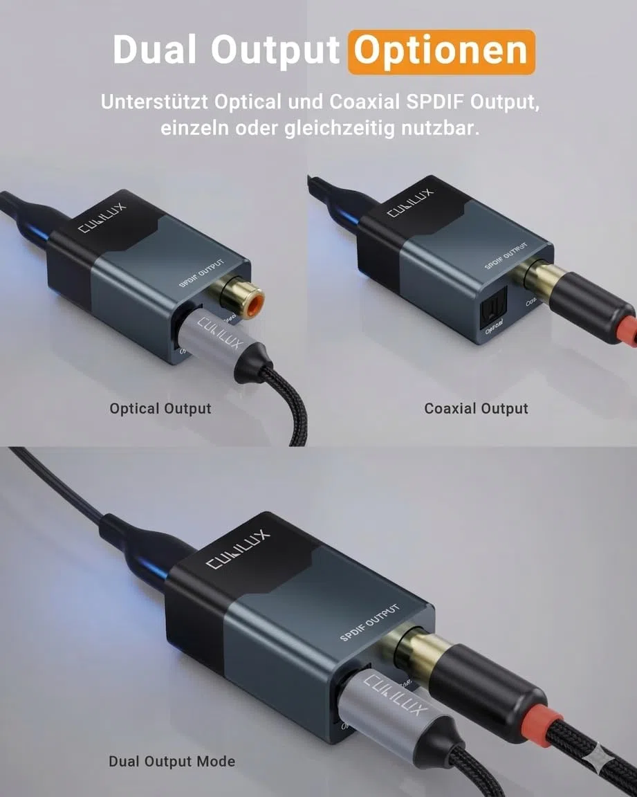 Cubilux USB C/A zu Optisch und Koaxial SPDIF Audio Adapter, 192 kHz 24 Bit PCM, Stereo und 5.1 Passthrough Digitalausgang, TOSLINK und Koax Dual Port, Plug and Play (Gray)