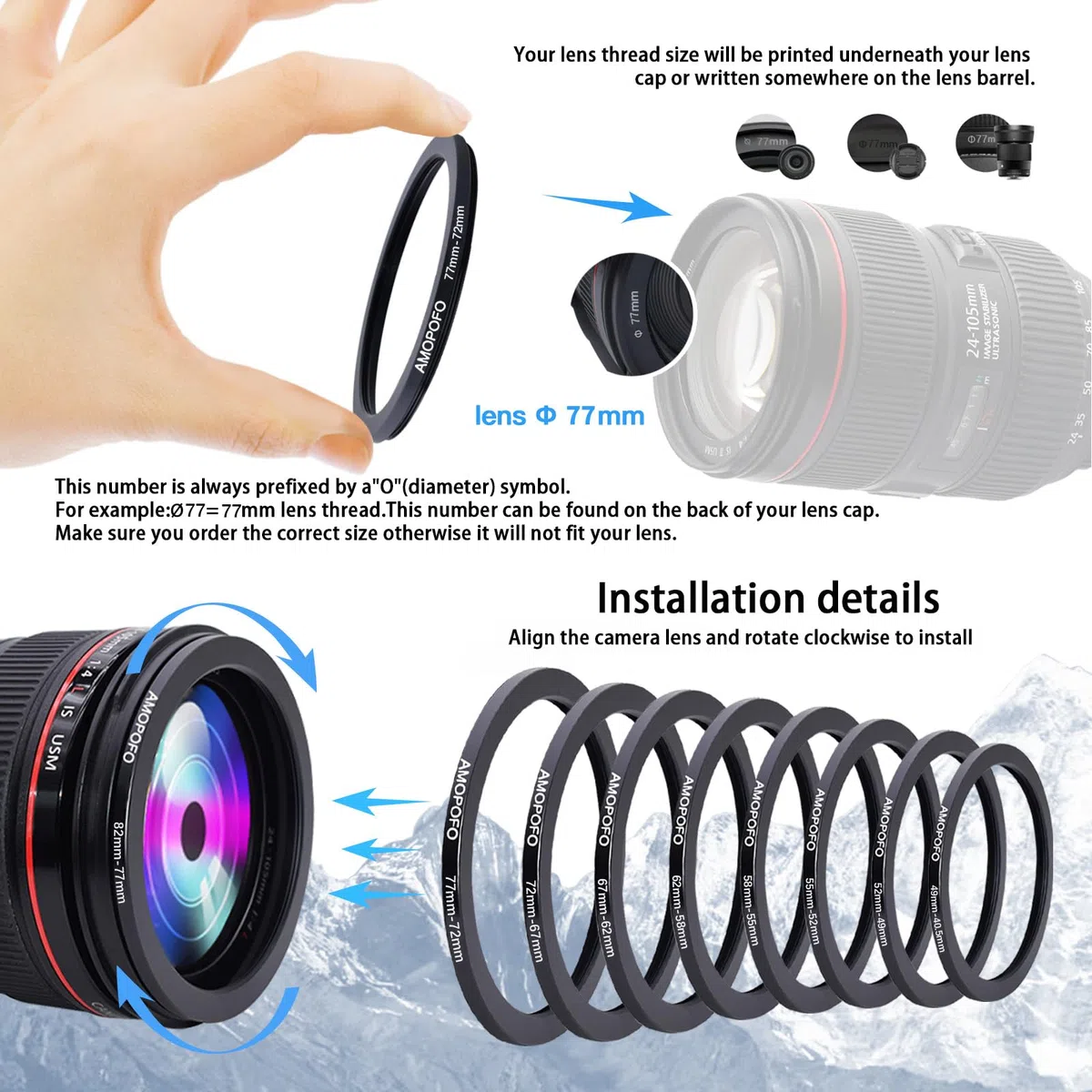 9 Stück 82-77mm/77-72mm/72-67mm/67-62mm/62-58mm/58-55mm/55-52mm/52-49mm/49-40.5mm Filterring Adapter-Set,Objektivfilter Step Down Ring kompatibel Alle Marken UV ND CPL